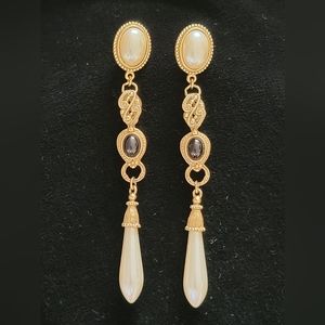80s extra long Pearl, black and gold high fashion earrings